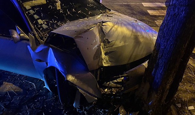 KALDIRIMA ÇIKAN OTOMOBİL AĞACA ÇARPTI